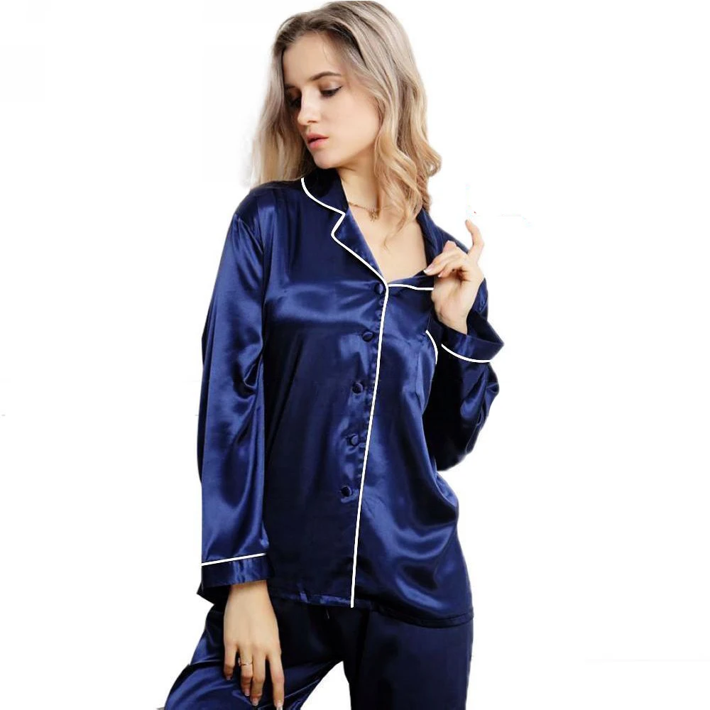 Новые модные повседневные женские шелковые пижамы, пижамный комплект с длинными рукавами, пижама, Пижамный костюм - Цвет: Синий