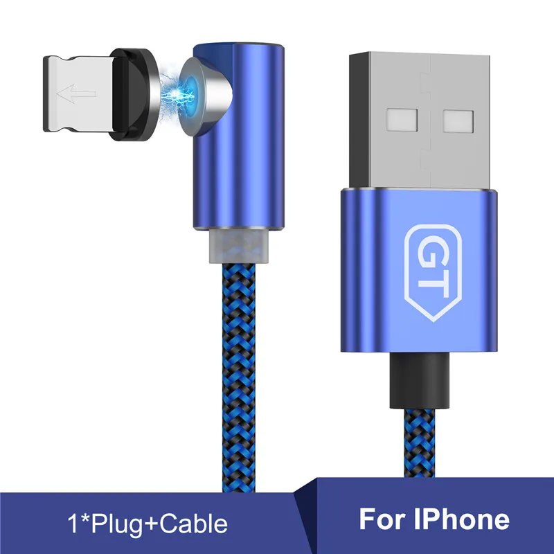 Магнитный usb-кабель GTWIN для зарядки iPhone 11 Pro Max 8 7 6, магнитный кабель Micro usb type C, зарядное устройство на 90 градусов для samsung S10 - Цвет: Blue for iOS Cable