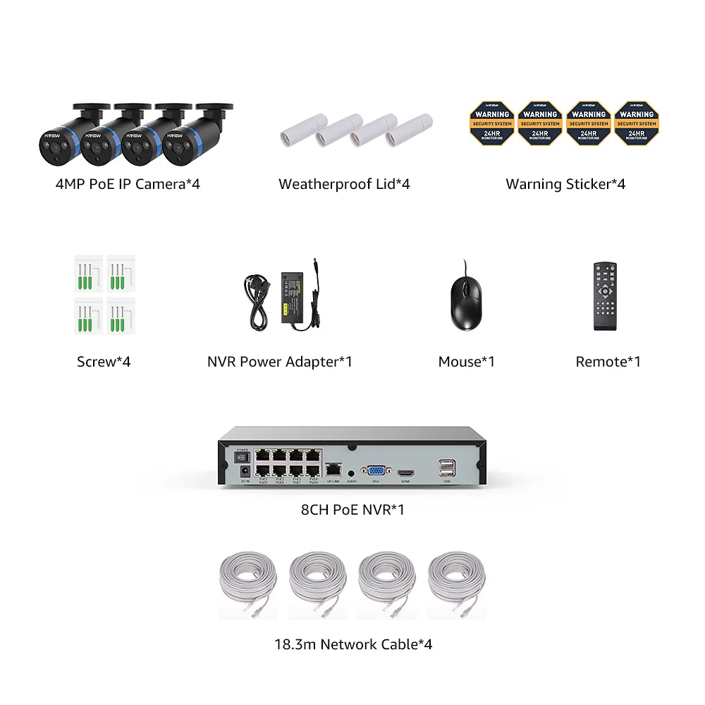 H. VIEW 8ch 400W CCTV камера системы PoE H.265 CCTV камера системы 4mp комплект видеонаблюдения PoE 48V комплект видеонаблюдения Full HD - Цвет: 8CH NVR and 4 Camera