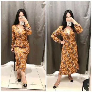 

Women Dress 2019 New Yellow Bottom Feather Print V-neck Lace Dress