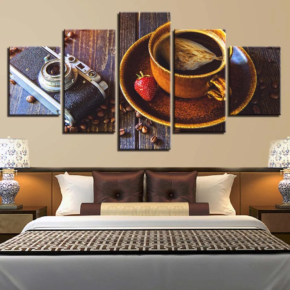 

Canvas Wall Art Modular Pictures 5 Pieces Strawberry Coffee And Camera Paintings HD Prints Kitchen Poster Home Decor Framework