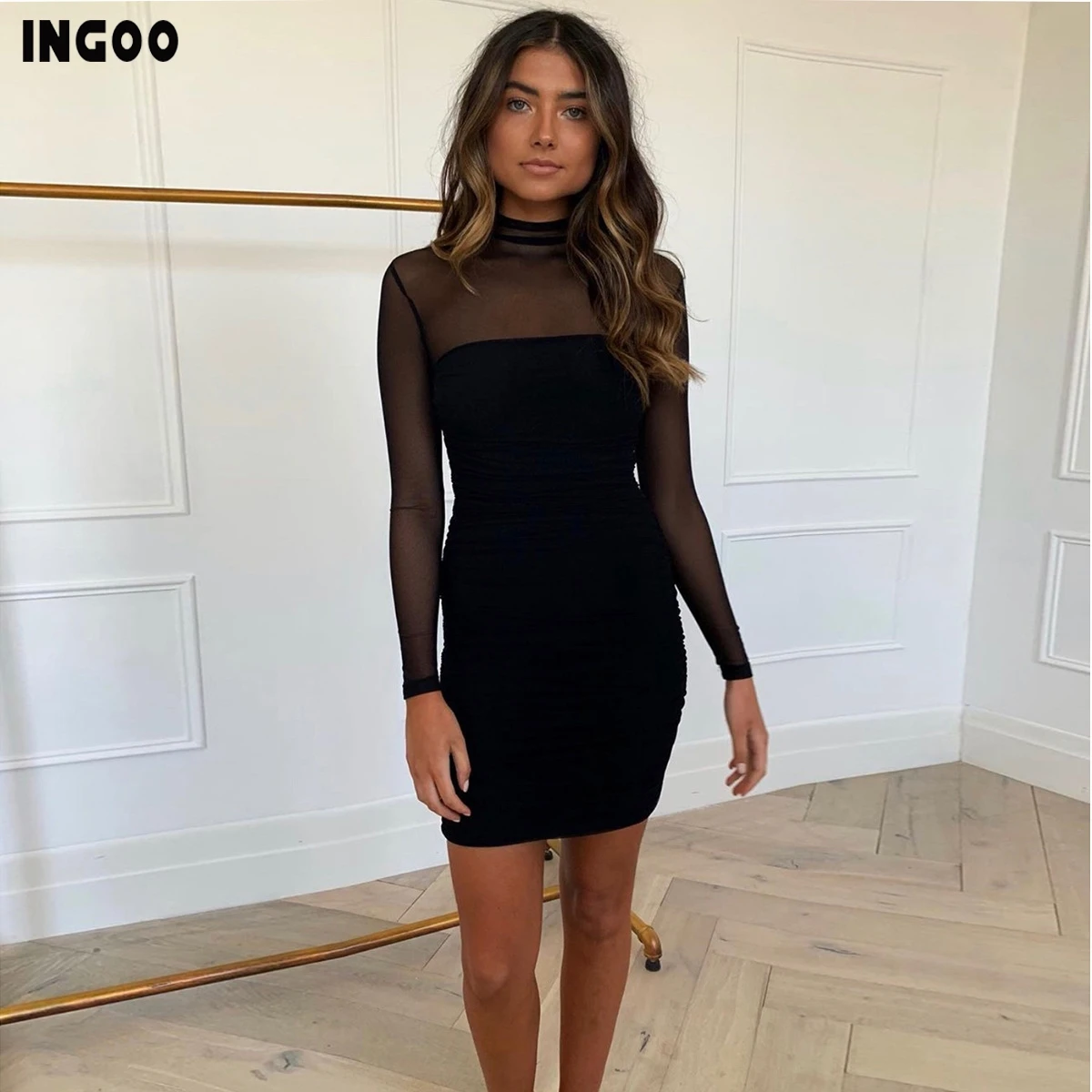 

INGOO Long-Sleeved High-Necked Sexy Party Dress Women Transparent Mesh Yarn Patchwork Dresses Ruched Autumn Bodycon Dress
