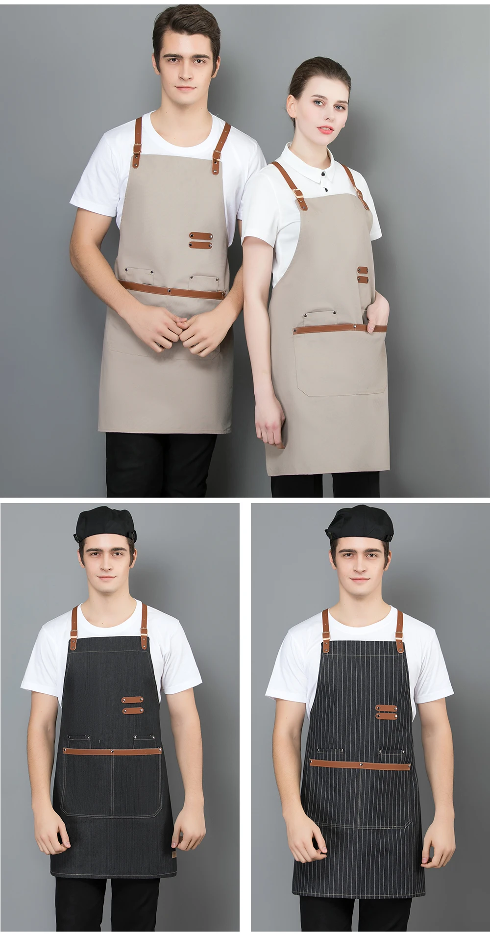 High Quality Patchwork Chef Apron Straped Halter Long Apron Cafe Restaurant Kitchen Food Service Cleaning Workwear Chef Uniforms