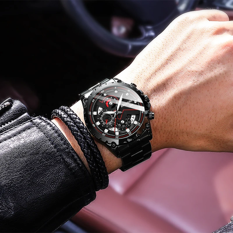 Fashion New 2021 Mens Watches BELUSHI Luxury Chronograph Full Steel Waterproof Quartz Watch Men Date Sports Clock