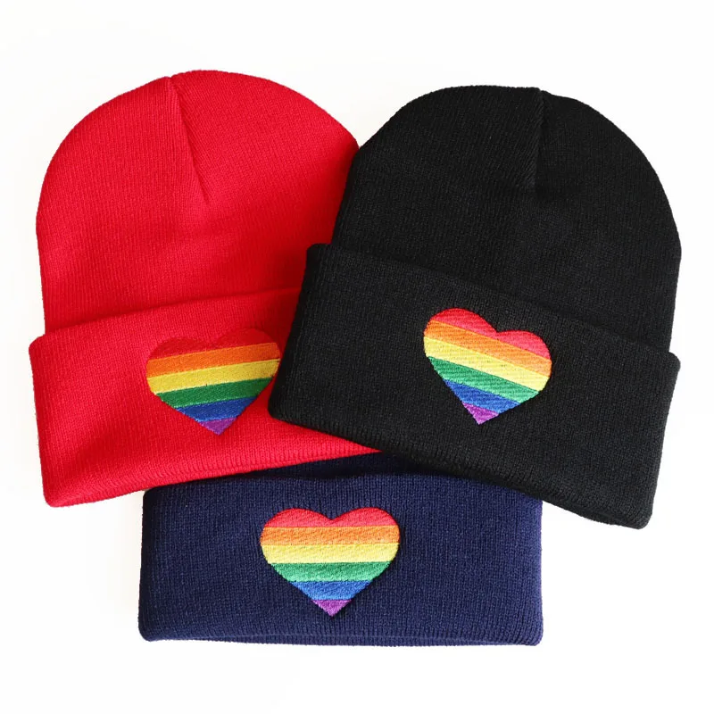 Вязаная шапка радужного сердца с вышивкой, одноцветная эластичная Кепка с черепом для мужчин и женщин, теплая зимняя однотонная Кепка в стиле хип-хоп, унисекс, шапочка s
