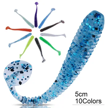 

Sougayilang 5/10Pcs/lot Fishing Soft Bait 50mm T Tail Fish Fishing Lures Rainbow Color Sequin Swing Winter Fishing Spinner Bait