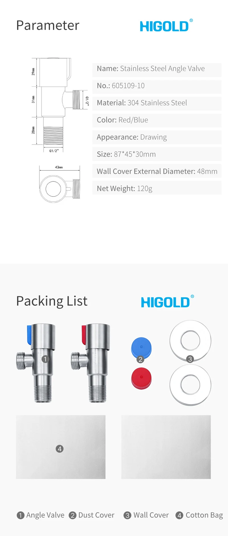Higold 605109-10 Универсальный 304 из нержавеющей стали угловой клапан для душа переключение горячей и холодной воды для ванной комнаты/кухни/туалета кран