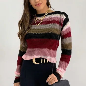

Women Stripe Knitting O-neck Sweater Mujer Suéteres Pullover Sweater Knitted Women Winter 2020 Popular Casual Sweater #3
