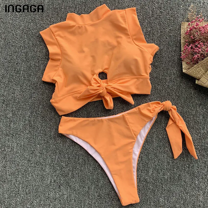 

INGAGA Solid Bikini Set Cut Out Swimwear Women Sexy Bow Swimsuit Female New Bandage Bathing Suit Women Bikini 2019 Mujer