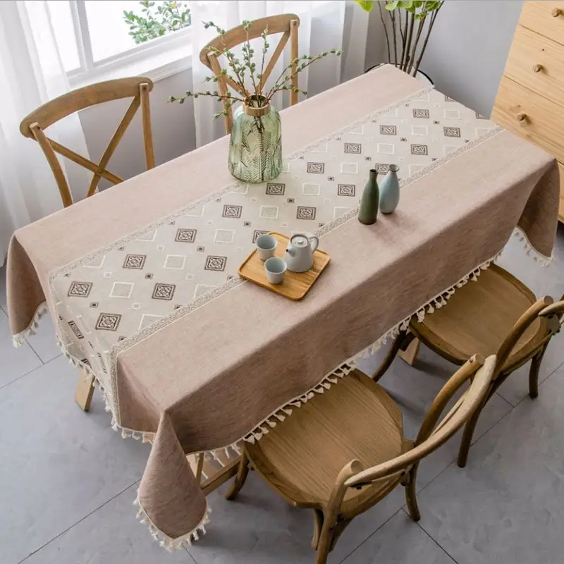 

Vintage Linen Cotton Tablecloth With Tassel Thick Rectangular Wedding Dining Table Cover T04