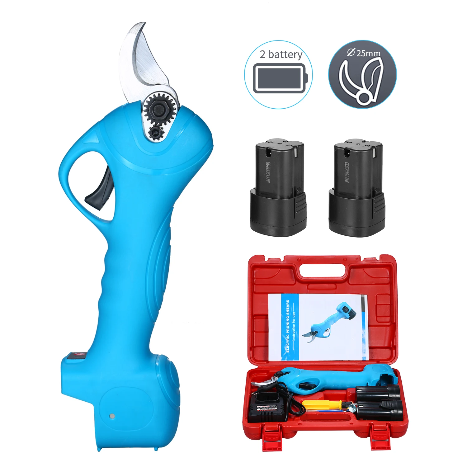

Professional Cordless Electric Pruning Shears with 2 Pack Backup Rechargeable 2Ah Lithium Battery Powered Tree Branch Pruner