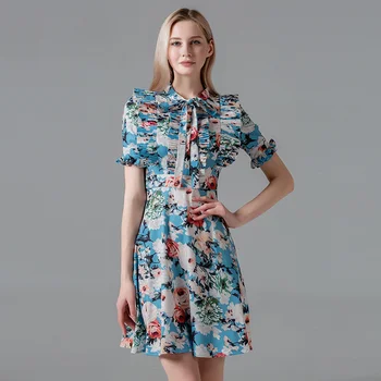 

Summer Renaissance Print Dresses New Lace-up Pleated Collar Short Sleeve Retro Rose Print Hot Mini Sexy Summer Sundress Women