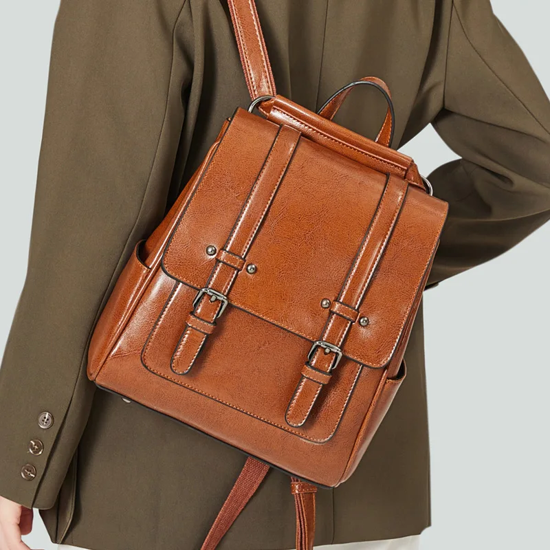 

Bag Woman 2019 Oil Wax Genuine Leather Woman Package Both Shoulders Package Cowhide Single Shoulder Backpack