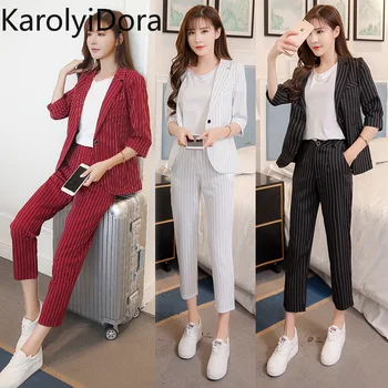 

Fashion 2020 spring five-point mid-sleeved striped suit collar small suit + nine-point pants two-piece suit