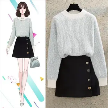 

2020 Spring Autumn Women Knitted Long Sleeve Casual Loose Sweaters Tops+High Waist Single Breasted Mini Skirts 2 Piece Sets N339