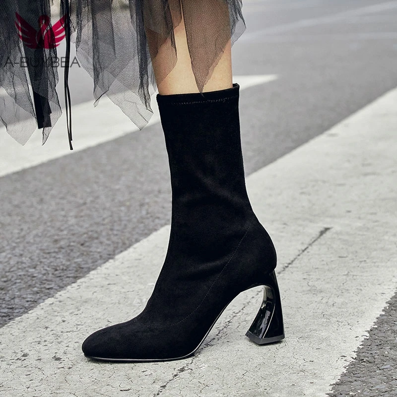 

Stretch Fabric Suede Women Ankle Boots Strange Heels Women Winter Shoes Fashion Lace Up Round Toe Ladies High Heels Short Boots