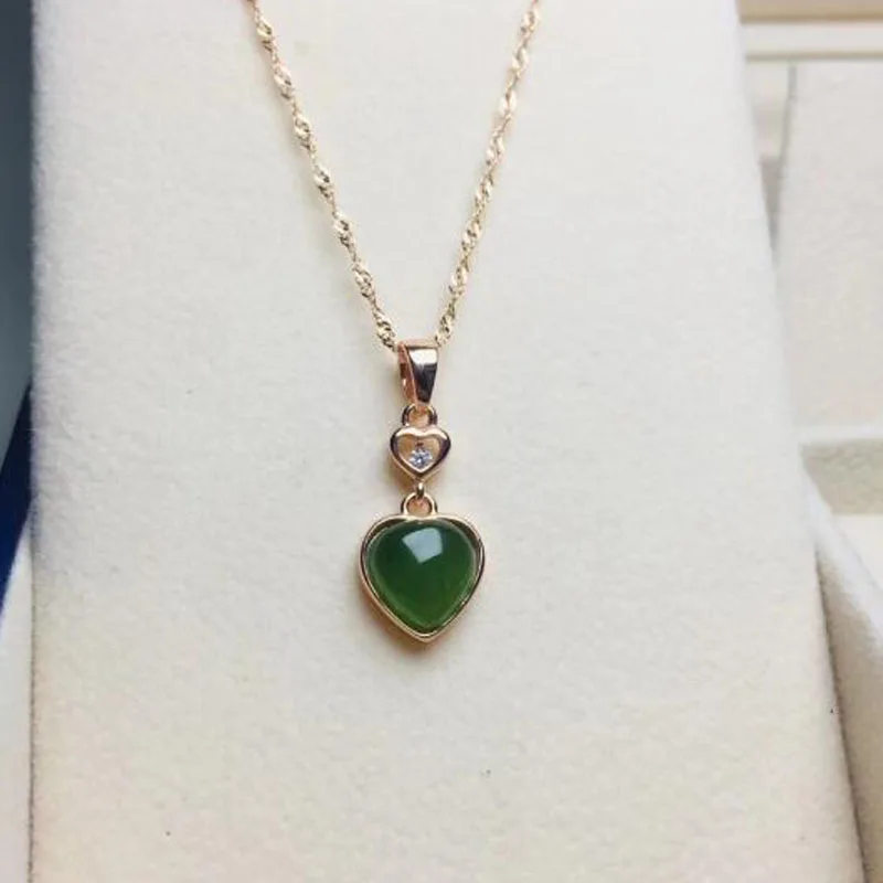 Green Jade Heart Pendant Chain Necklace 