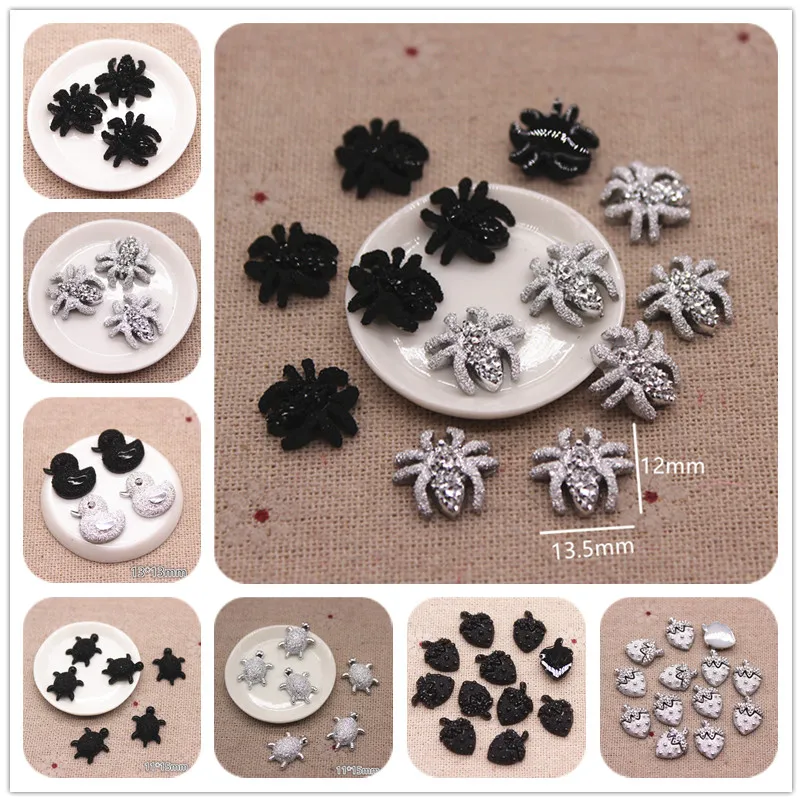 100pcs Shiny Silver/Black Spider/Turtle/Duck/Strawberry Resin Rhinestone Flatback Cabochon Stone DIY Craft DecortionAccessories