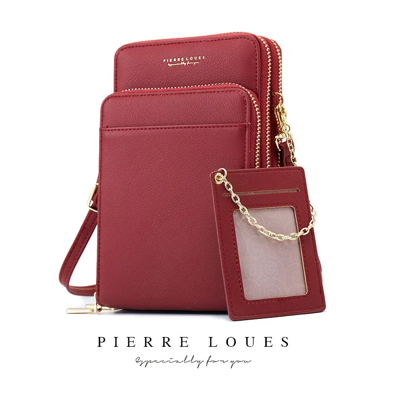 

2020 New Fashion PU Leather Phone Women Wallet Shoulder Bag Coin Card Holder Purse Solid Color High capacity 3 Pockets Mini Bag