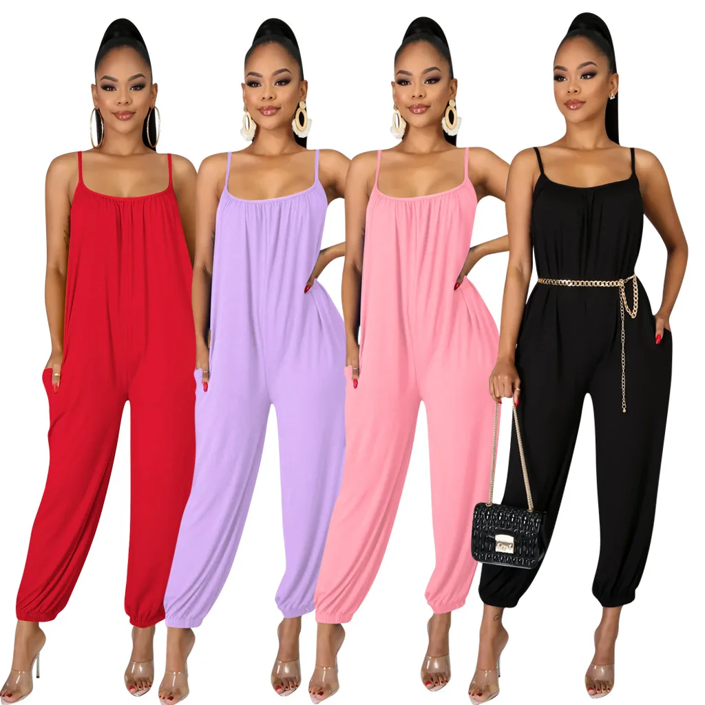 Mono informal con tirantes lisos para mujer, pantalones holgados, Peto, pantalones holgados, monos informales de talla grande, traje de salto 2020
