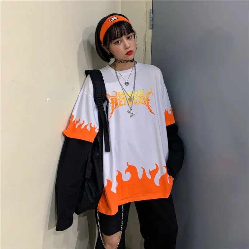 Woherb Harajuku футболка с принтом пламени Поддельные 2 шт. Лоскутная Повседневная футболка с длинным рукавом женская и мужская пара уличная одежда топы