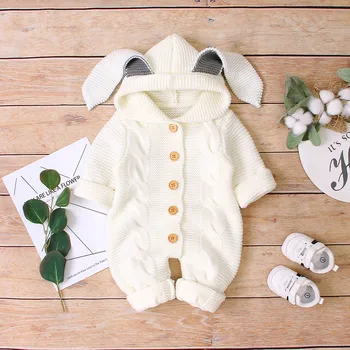 

Cute Baby Girl Knit Romper 3D Rabbit Ears Baby Winter Clothes Warm Hooded Infant Jumpsuit Baby Costume Knit Romper For Newborn