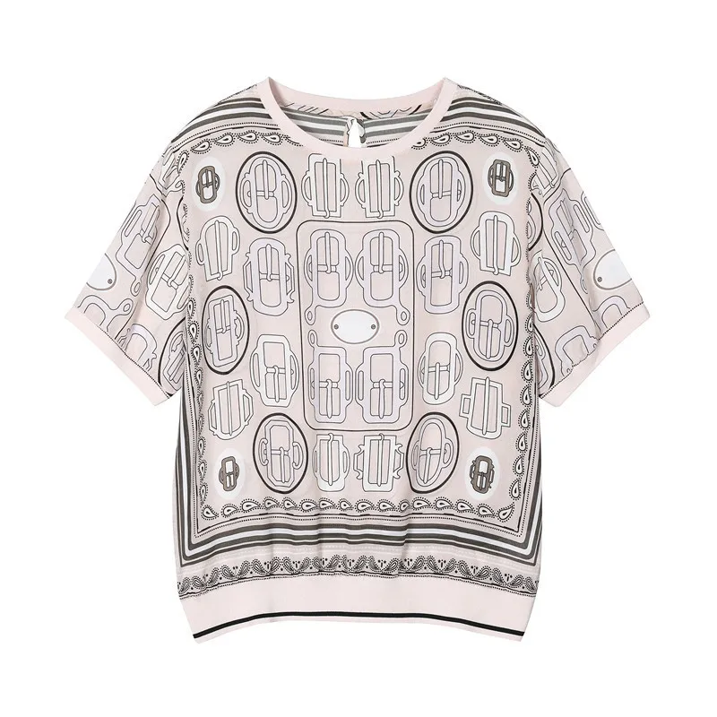 

New women s clothing European dollars led belt buckle F8909 printed silk short sleeve T shirt coat
