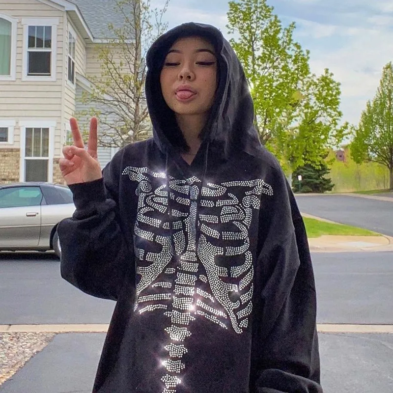 Rhinestone Skull Zip-up Hoodie Women Gothic Black y2k Oversized Long Sleeve  Sweatshirt Punk Streetwear Harajuku E-girl Outwear - AliExpress