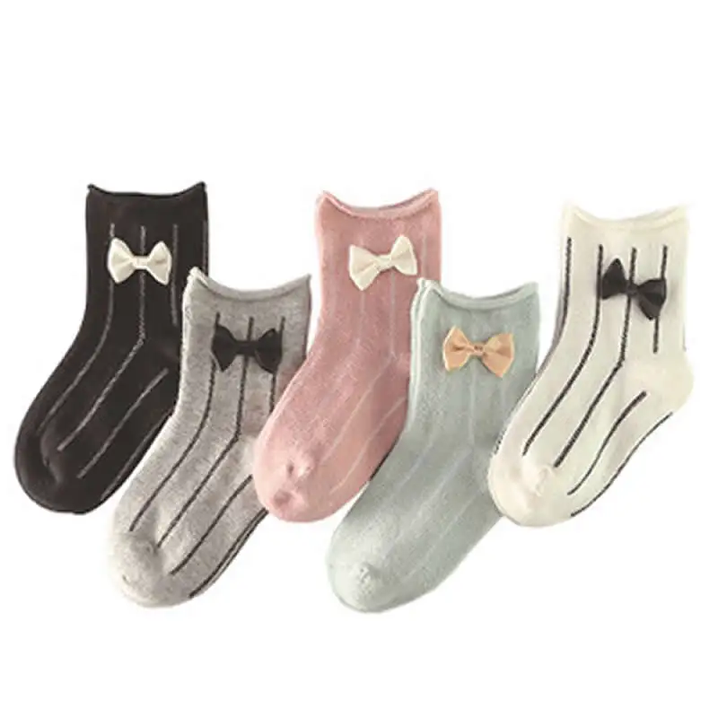 Bow strip spring full lap bowknot girl's socks Sweet vertical stripes children's socks Comfortable kids girl cotton bow sock 5pair/ - Цвет: Bow strip
