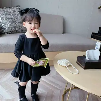 

Girls dress square neck black pearl dress princess dress 2020 autumn new children's wear 3-8 years old