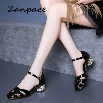 

2019 New Hollow Sandals Women Thick with Rhinestones Word Buckle Shoes Casual Large Size 41 Summer Fashion High Heel Sandals