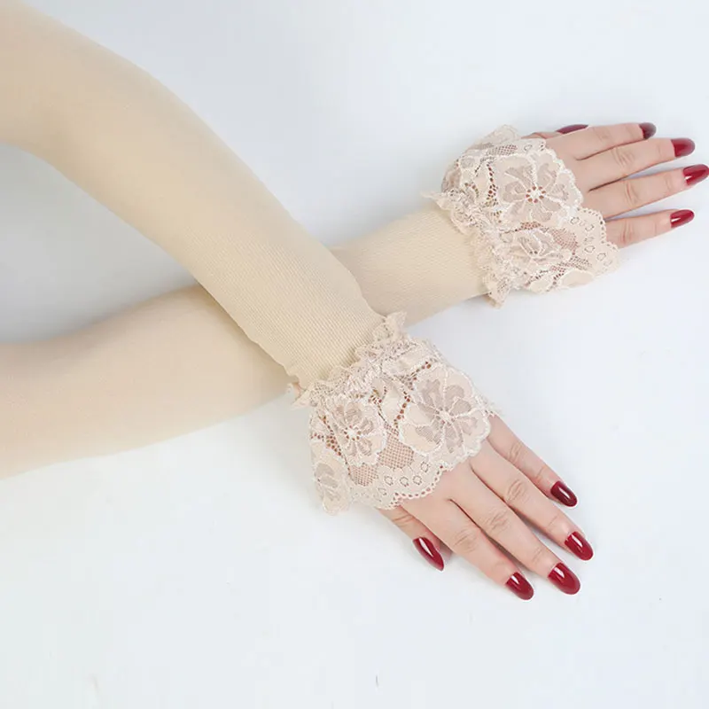 1 Pair Elastic Sleeve Driving Gloves Long Fingerless Ice Silk Lace Arm  Sleeve Mittens Covered Summer Sunscreen Lace Gloves Women