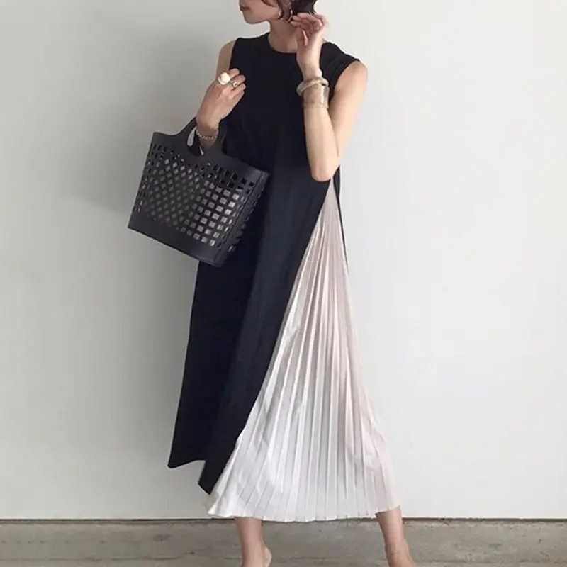

Pleated Stitched Casual Leisure Dress 2019 Hot Sale Japan Style Fashion Elegant Sleeveless Fake Two Pieces Student Maxi Dresses