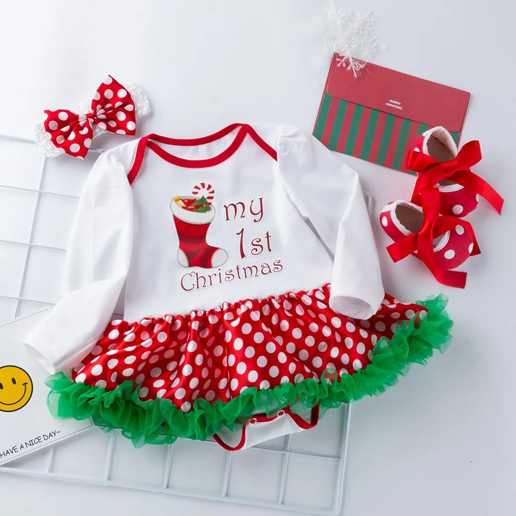 my first christmas girl Long Sleeve baby set Christmas 3PCS Toddler Baby Girls Christmas Print Romper Skirt+Hairband+Shoes set