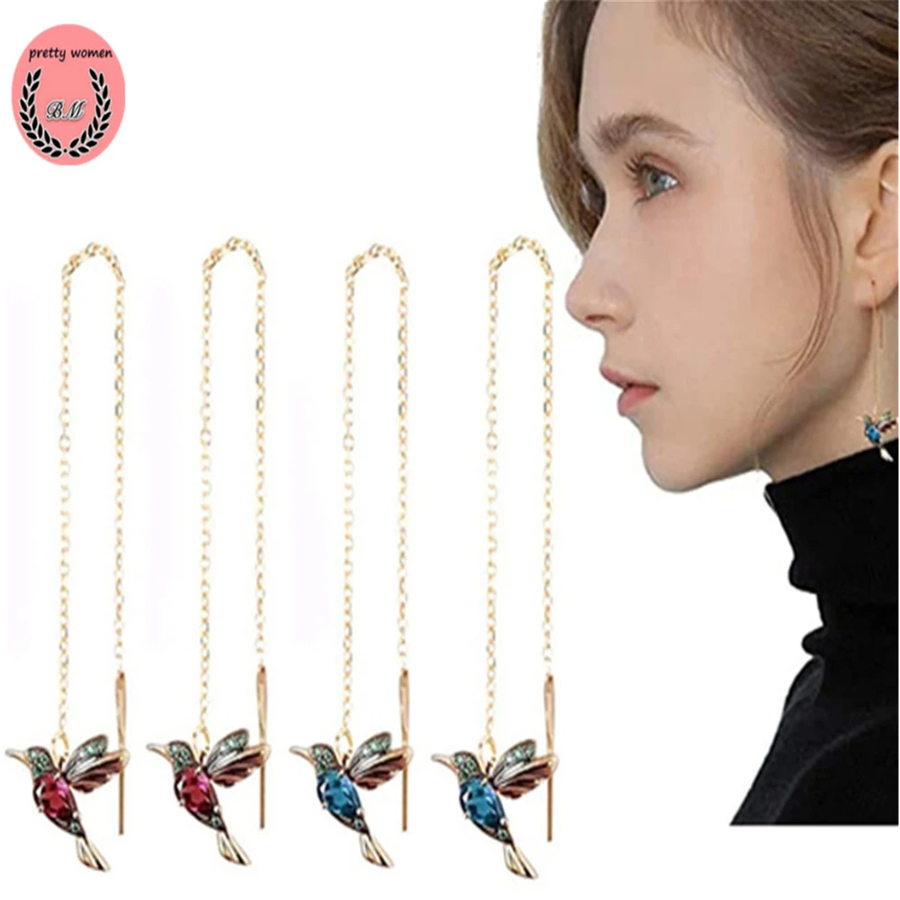 

Fashion Simulation Hummingbird Stud Earrings Threader Long Drop Tassel Crystal Dangle for Women Jewelry Charms Gift