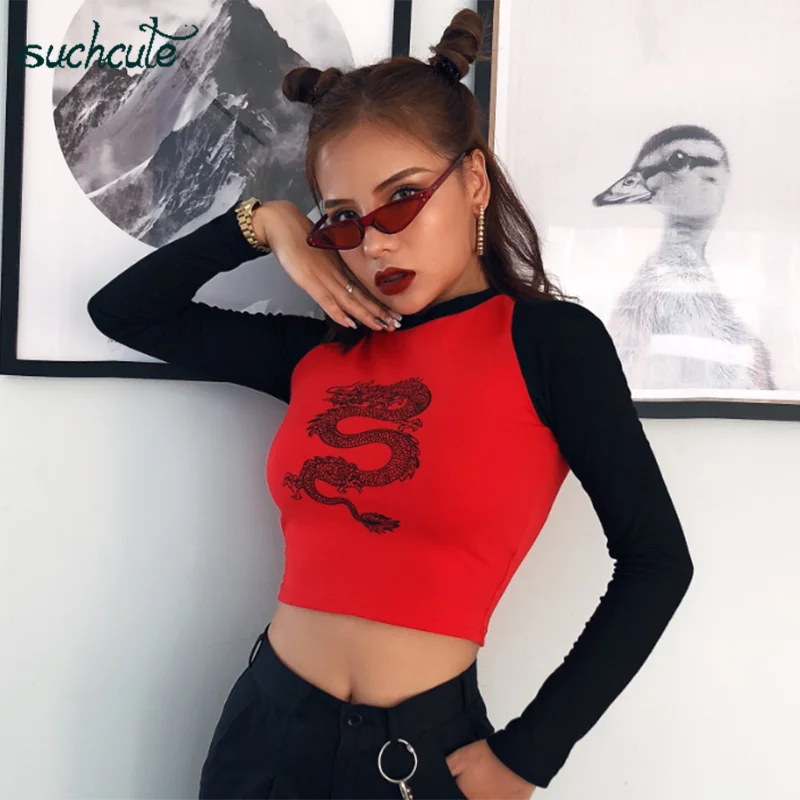 SUCHCUTE Dragon Print Женская футболка для женщин Longslive Лоскутная уличная одежда топы корейский стиль готическая одежда повседневные футболки