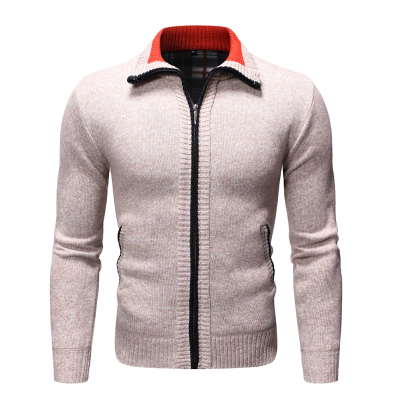 2019 winter mens Wool thick section plus velvet sweater Striped zipper cardigan lapel Korean version Hand-painted Blue Gray