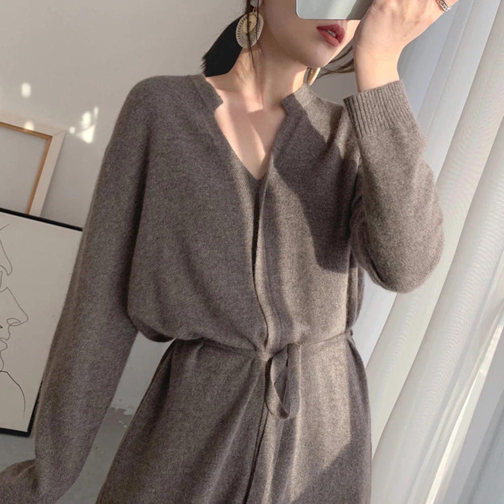 Autumn New 2021 Japanese Style Korean Fashion Women's Clothing Solid Color Long Sleeve V-neck Casual Simplicity Knit Dress 2