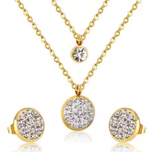 Luxxissids Новое поступление круглое Хрустальное двойное ожерелье с серьгами набор ювелирных изделий из нержавеющей стали