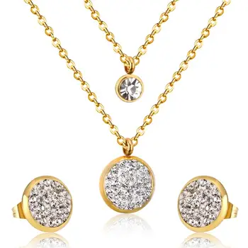 

LUXUKISSKIDS Round Crystal Double Necklace Earring Wedding Bridal Dubai Jewelry Sets Stainless Steel Jewelry Set For Women Girl