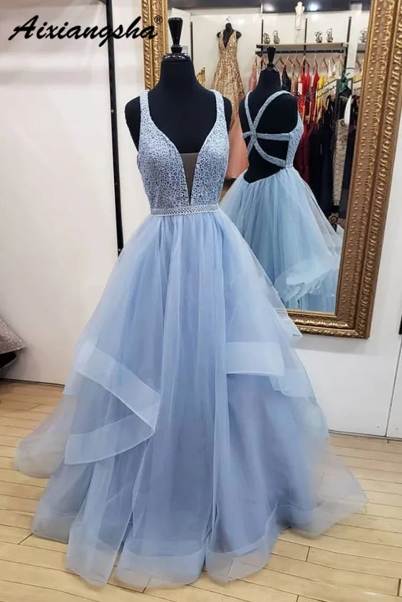 

Sexy Backless V-Neck A-Line Light Blue Prom Dress Lace Ruffles Tulle vestido de fiesta Long Prom Dresses 2019