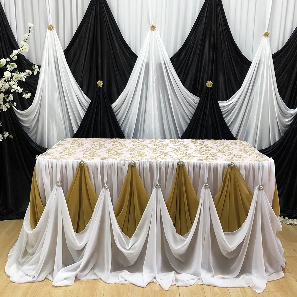 Hot Sale 1 Piece/ 10ft L * 30 Inch H New Design Gold White Chiffon Table Skirt With Silver Brooch For Wedding Decoration
