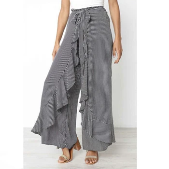 

Hirigin New Women Pants Elastic High Waist Harem Wide Leg Pants Ruffled Bow Striped Print Ethnic Baggy Trousers Loose