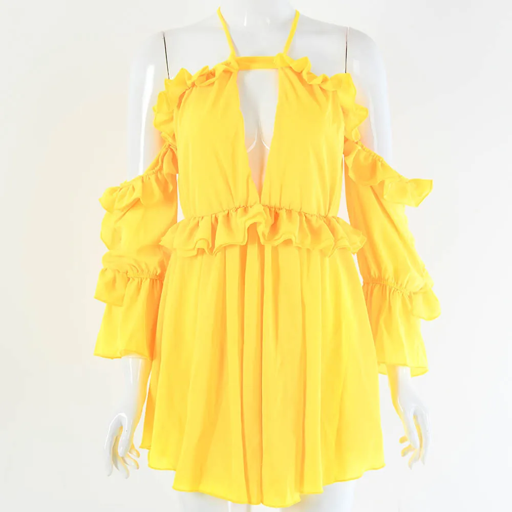 Женское шифоновое мини-платье в богемном стиле с открытыми плечами, милое платье с оборками, Открытое Спереди, с крестообразными буфами, с длинным рукавом, женский пляжный сарафан, GV567 - Цвет: Yellow