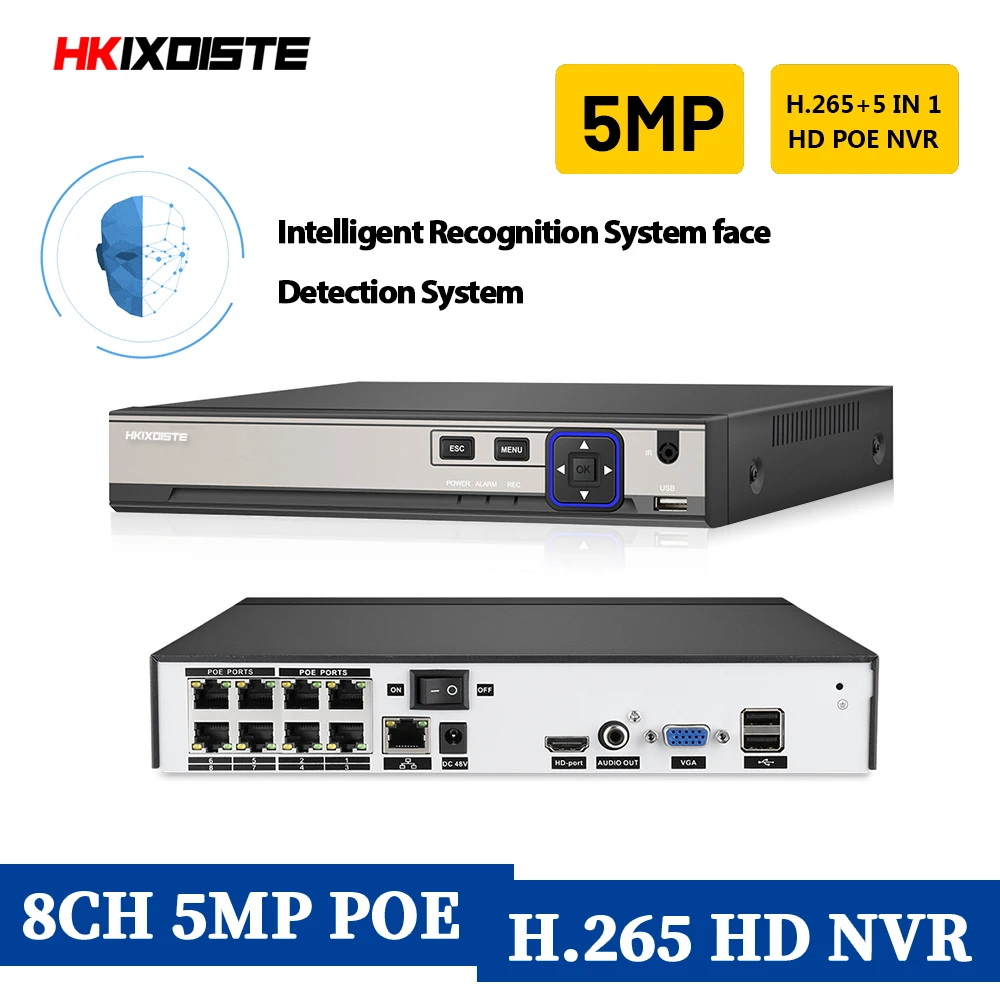 Распознавание лица H.265 5MP 4CH 8CH 48V POE NVR Аудио видеонаблюдения безопасности видео