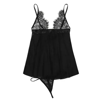 

Women sexi nightwear Plus Size Lace Flower Gauze V-Neck Backless Nightdress With Thong Lingerie Set Underwear S-3XL Nightdress