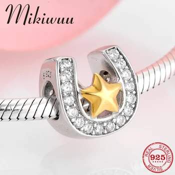 

925 Sterling Silver Horseshoe shape crystal CZ with Gold color Star Bead Jewelry making Fit Original Pandora Charm Bracelet