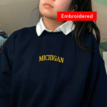 USA Michigan Letters Embroidery Printing Casual Thick Pullover Autumn Loose Crewneck Vintage Tops 80s 90s Women Sweatshirts 1