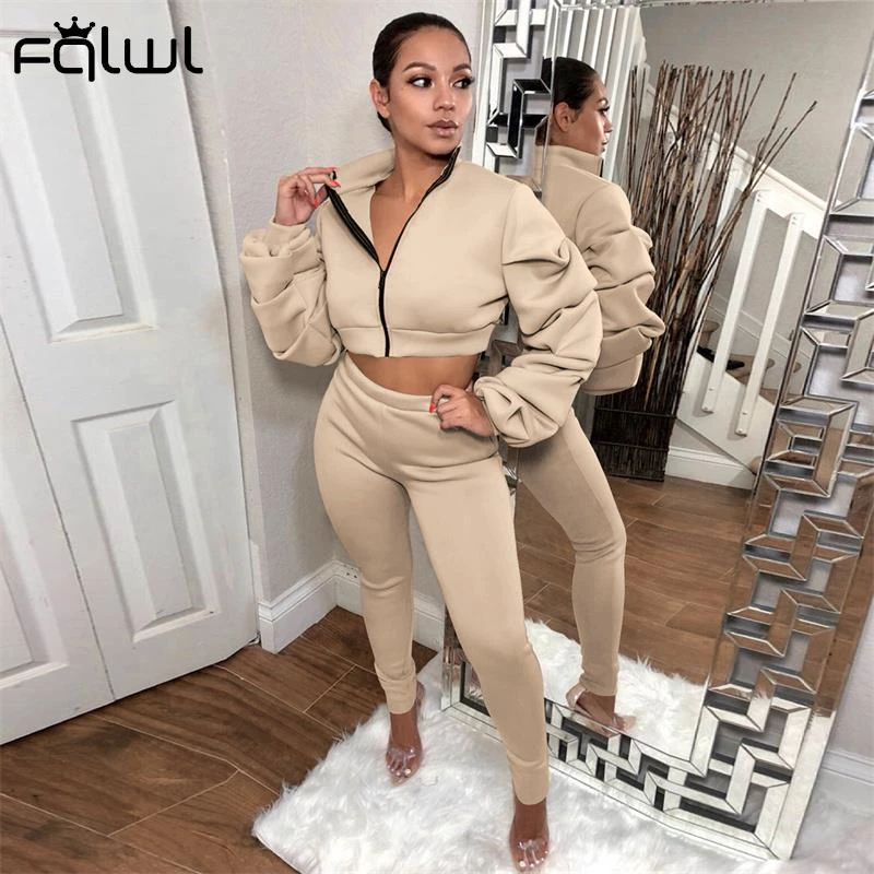 Fqlwl秋ストリート2ツーピースセットトラックスーツ女性服長袖ジッパークロップトップスキニーパンツスーツ黒マッチングセット Pant Suits Aliexpress