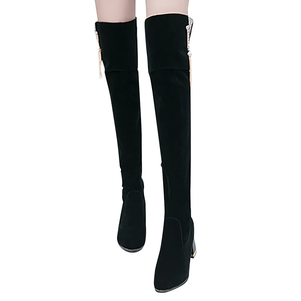 Женские Сапоги выше колена; зимняя обувь на толстом каблуке; пикантные женские сапоги с острым носком из эластичной ткани; Размеры 35-40